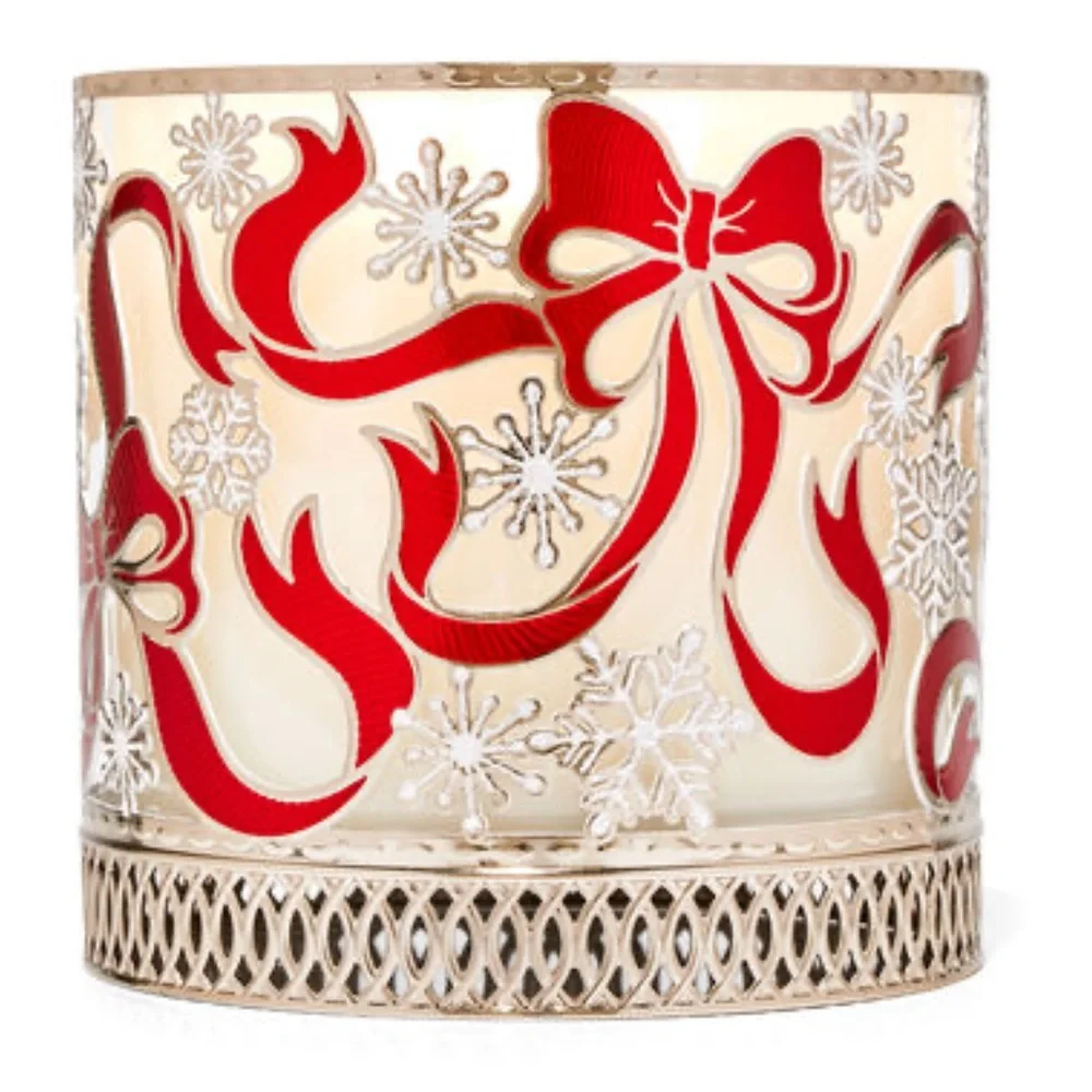 BATH AND BODY WORKS RED BOWS & SNOWFLAKES 3-WICK CANDLE HOLDER